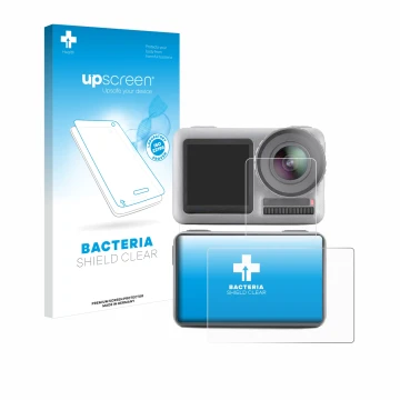 Face avant d’un emballage produit avec le logo de la marque upscreen. À côté, l’appareil DJI Osmo Action est représenté avec l