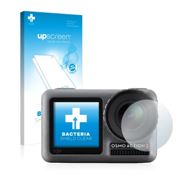 Face avant d’un emballage produit avec le logo de la marque upscreen. À côté, l’appareil DJI Osmo Action (Lentille) est représ