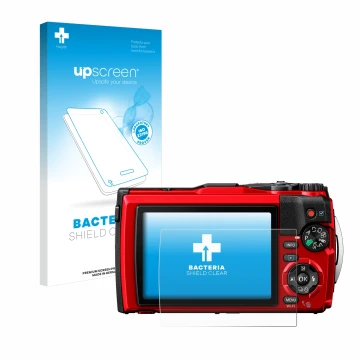 Face avant d’un emballage produit avec le logo de la marque upscreen. À côté, l’appareil Olympus Tough TG-6 est représenté ave