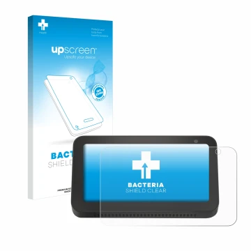 Face avant d’un emballage produit avec le logo de la marque upscreen. À côté, l’appareil Amazon Echo Show 5 (2e Gen.) est repr