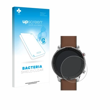 Face avant d’un emballage produit avec le logo de la marque upscreen. À côté, l’appareil Huami Amazfit GTR (47 mm) est représe