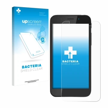 Face avant d’un emballage produit avec le logo de la marque upscreen. À côté, l’appareil Shiftphones Shift5me est représenté a