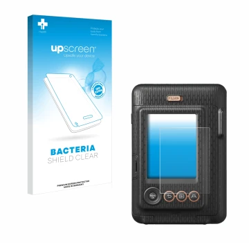 Face avant d’un emballage produit avec le logo de la marque upscreen. À côté, l’appareil Fujifilm Instax Mini LiPlay est repré