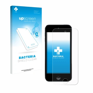 Face avant d’un emballage produit avec le logo de la marque upscreen. À côté, l’appareil Apple iPod Touch (7ème Gen.) est repr