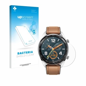 Face avant d’un emballage produit avec le logo de la marque upscreen. À côté, l’appareil Huawei Watch GT Classic est représent