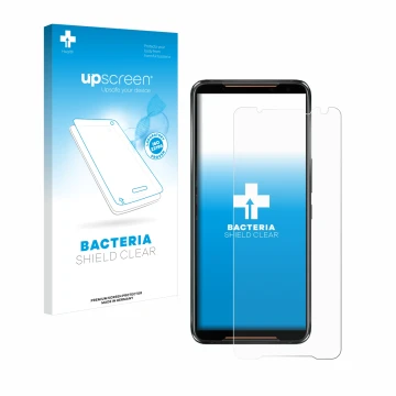 Face avant d’un emballage produit avec le logo de la marque upscreen. À côté, l’appareil ASUS ROG Phone 2 est représenté avec 