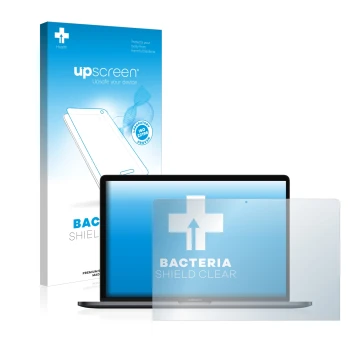 Face avant d’un emballage produit avec le logo de la marque upscreen. À côté, l’appareil Apple MacBook Pro 15