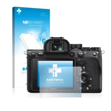 Face avant d’un emballage produit avec le logo de la marque upscreen. À côté, l’appareil Sony Alpha 7R IV est représenté avec 