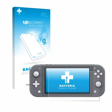 Face avant d’un emballage produit avec le logo de la marque upscreen. À côté, l’appareil Nintendo Switch Lite est représenté a