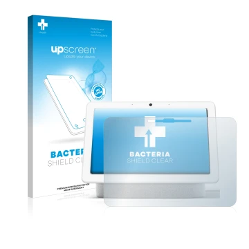 Face avant d’un emballage produit avec le logo de la marque upscreen. À côté, l’appareil Google Nest Hub Max est représenté av