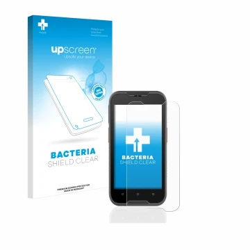 Face avant d’un emballage produit avec le logo de la marque upscreen. À côté, l’appareil Datalogic Memor 10 est représenté ave