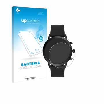 Face avant d’un emballage produit avec le logo de la marque upscreen. À côté, l’appareil Fossil The Carlyle HR (5.Gen) est rep