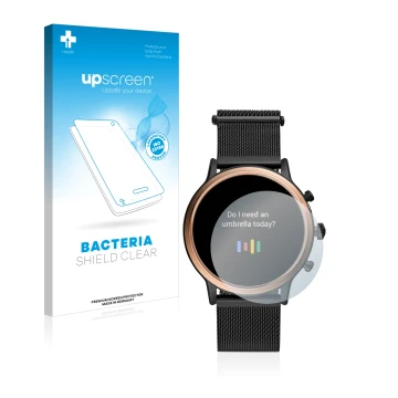 Face avant d’un emballage produit avec le logo de la marque upscreen. À côté, l’appareil Fossil Julianna HR (5.Gen) est représ