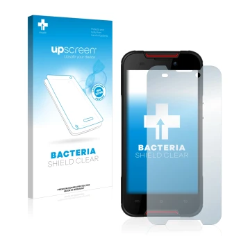 Face avant d’un emballage produit avec le logo de la marque upscreen. À côté, l’appareil Cubot Quest Lite est représenté avec 