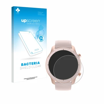 Face avant d’un emballage produit avec le logo de la marque upscreen. À côté, l’appareil Huami Amazfit GTR (42 mm) est représe