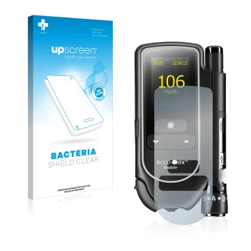 Face avant d’un emballage produit avec le logo de la marque upscreen. À côté, l’appareil Accu-Chek Mobile est représenté avec 