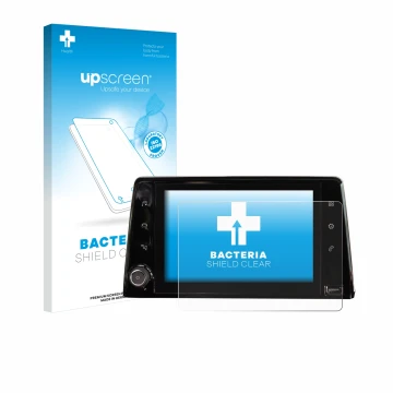 Face avant d’un emballage produit avec le logo de la marque upscreen. À côté, l’appareil Peugeot Rifter 2019 Infotainment Syst