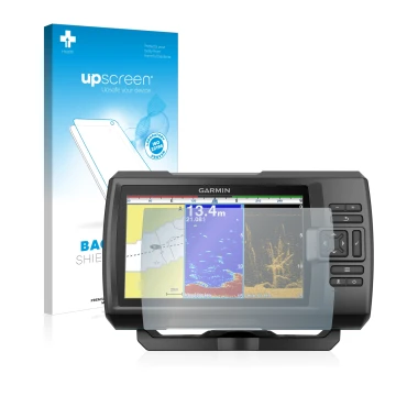 Face avant d’un emballage produit avec le logo de la marque upscreen. À côté, l’appareil Garmin Striker Plus 9sv est représent
