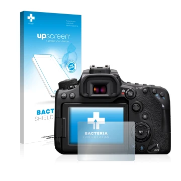 Face avant d’un emballage produit avec le logo de la marque upscreen. À côté, l’appareil Canon EOS 90D est représenté avec la 