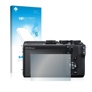 Face avant d’un emballage produit avec le logo de la marque upscreen. À côté, l’appareil Canon EOS M6 Mark II est représenté a