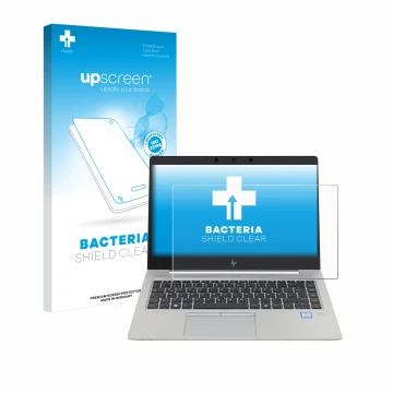 Face avant d’un emballage produit avec le logo de la marque upscreen. À côté, l’appareil HP EliteBook 840 G5 Non-Touch est rep