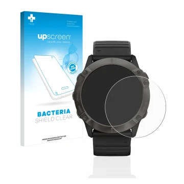 Face avant d’un emballage produit avec le logo de la marque upscreen. À côté, l’appareil Garmin Fenix 6X Pro est représenté av