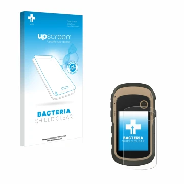 Face avant d’un emballage produit avec le logo de la marque upscreen. À côté, l’appareil Garmin eTrex 32x est représenté avec 