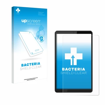 Face avant d’un emballage produit avec le logo de la marque upscreen. À côté, l’appareil Lenovo Tab M8 est représenté avec la 