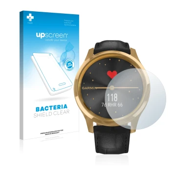 Face avant d’un emballage produit avec le logo de la marque upscreen. À côté, l’appareil Garmin vivomove Luxe (42 mm) est repr