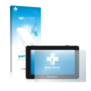 Face avant d’un emballage produit avec le logo de la marque upscreen. À côté, l’appareil Feelworld F6 Plus est représenté avec