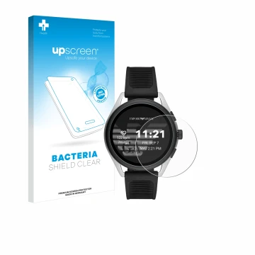 Face avant d’un emballage produit avec le logo de la marque upscreen. À côté, l’appareil Emporio Armani Connected Smartwatch 3