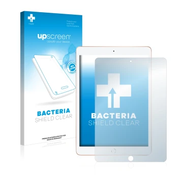 Face avant d’un emballage produit avec le logo de la marque upscreen. À côté, l’appareil Apple iPad 10.2