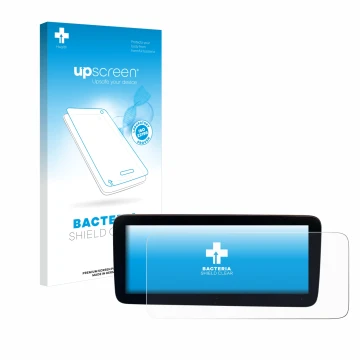 Face avant d’un emballage produit avec le logo de la marque upscreen. À côté, l’appareil Mercedes-Benz Actros 2019 Cockpit 12