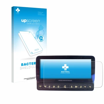 Face avant d’un emballage produit avec le logo de la marque upscreen. À côté, l’appareil Mercedes-Benz Actros 2019 Touch-Displ
