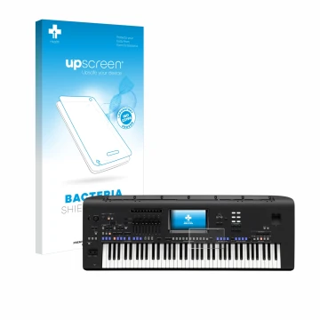 Face avant d’un emballage produit avec le logo de la marque upscreen. À côté, l’appareil Yamaha Genos est représenté avec la p