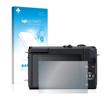 Face avant d’un emballage produit avec le logo de la marque upscreen. À côté, l’appareil Canon EOS M200 est représenté avec la