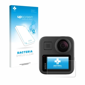 Face avant d’un emballage produit avec le logo de la marque upscreen. À côté, l’appareil GoPro Max est représenté avec la prot