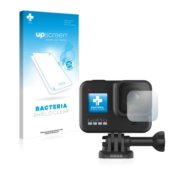 Face avant d’un emballage produit avec le logo de la marque upscreen. À côté, l’appareil GoPro Hero 8 Black (Lentille) est rep