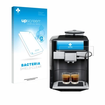 Face avant d’un emballage produit avec le logo de la marque upscreen. À côté, l’appareil Siemens EQ.6 plus s700 est représenté