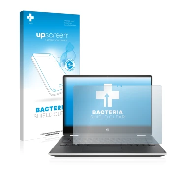 Face avant d’un emballage produit avec le logo de la marque upscreen. À côté, l’appareil HP Pavilion x360 (14-dhX) est représe