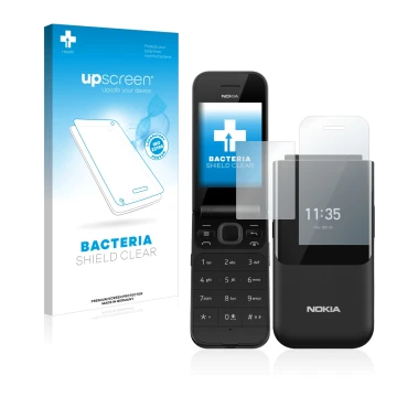 Face avant d’un emballage produit avec le logo de la marque upscreen. À côté, l’appareil Nokia 2720 Flip est représenté avec l