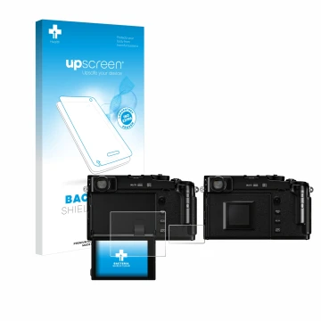 Face avant d’un emballage produit avec le logo de la marque upscreen. À côté, l’appareil Fujifilm X-Pro3 est représenté avec l