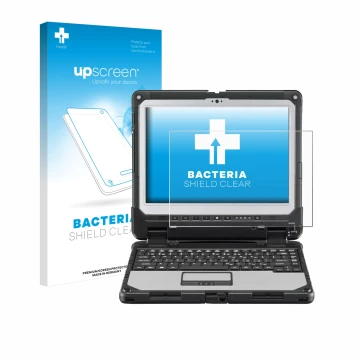 Face avant d’un emballage produit avec le logo de la marque upscreen. À côté, l’appareil Panasonic Toughbook CF-33 est représe