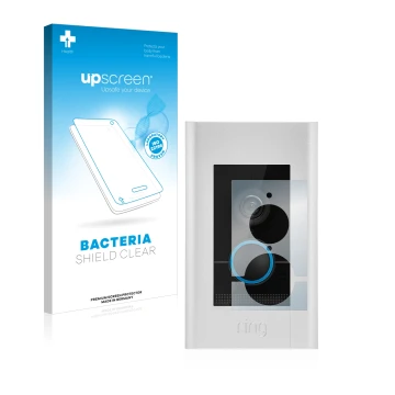Face avant d’un emballage produit avec le logo de la marque upscreen. À côté, l’appareil Ring Video Doorbell Elite est représe