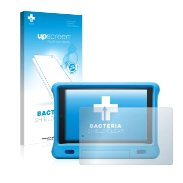 Face avant d’un emballage produit avec le logo de la marque upscreen. À côté, l’appareil Amazon Fire HD 10 Kids 2019 (9ème Gen