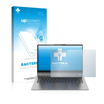 Face avant d’un emballage produit avec le logo de la marque upscreen. À côté, l’appareil Lenovo Yoga C940 14