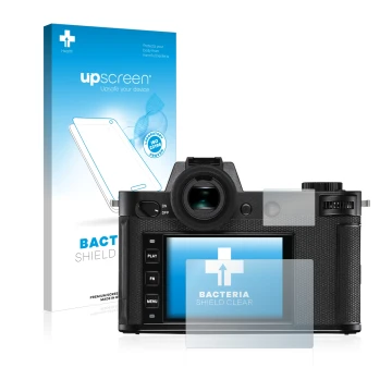 Face avant d’un emballage produit avec le logo de la marque upscreen. À côté, l’appareil Leica SL2 est représenté avec la prot