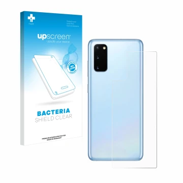Face avant d’un emballage produit avec le logo de la marque upscreen. À côté, l’appareil Samsung Galaxy S20 (Arrière) est repr