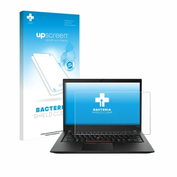 Face avant d’un emballage produit avec le logo de la marque upscreen. À côté, l’appareil Lenovo ThinkPad T490s est représenté 