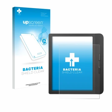 Face avant d’un emballage produit avec le logo de la marque upscreen. À côté, l’appareil Tolino Vision 5 est représenté avec l